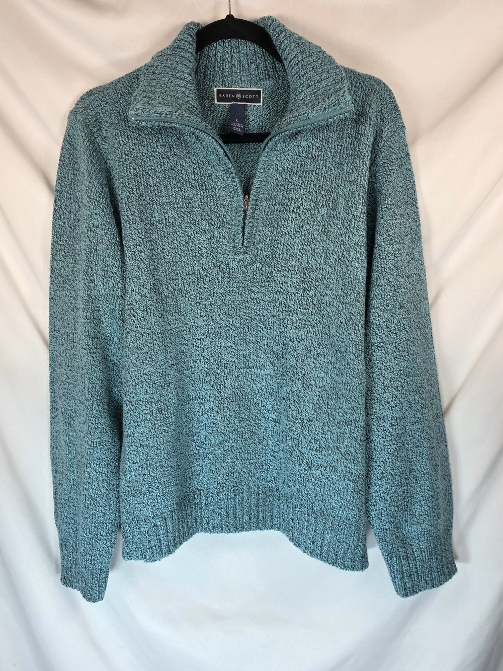 Karen Scott Womens L Teal Blue Sweater Marled 1/4 Zip Pullover Cozy Timeless